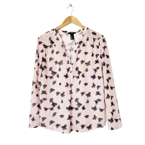 H&M Tops - H&M Butterfly Pastel Blush Pink Long Sleeve Semi Sheer Henley Popover Blouse